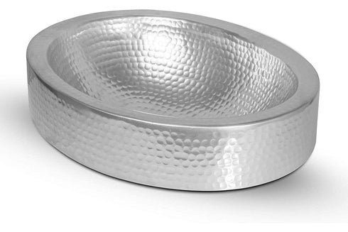 Hand Hammered 17 inch Aluminum Skirted Oval Vessel Bathroom Sink - Nickel